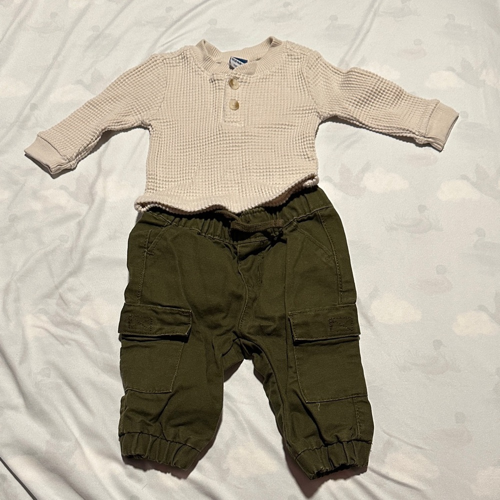 Old Navy Baby Cream Knit Sweater with Dark Green Pants